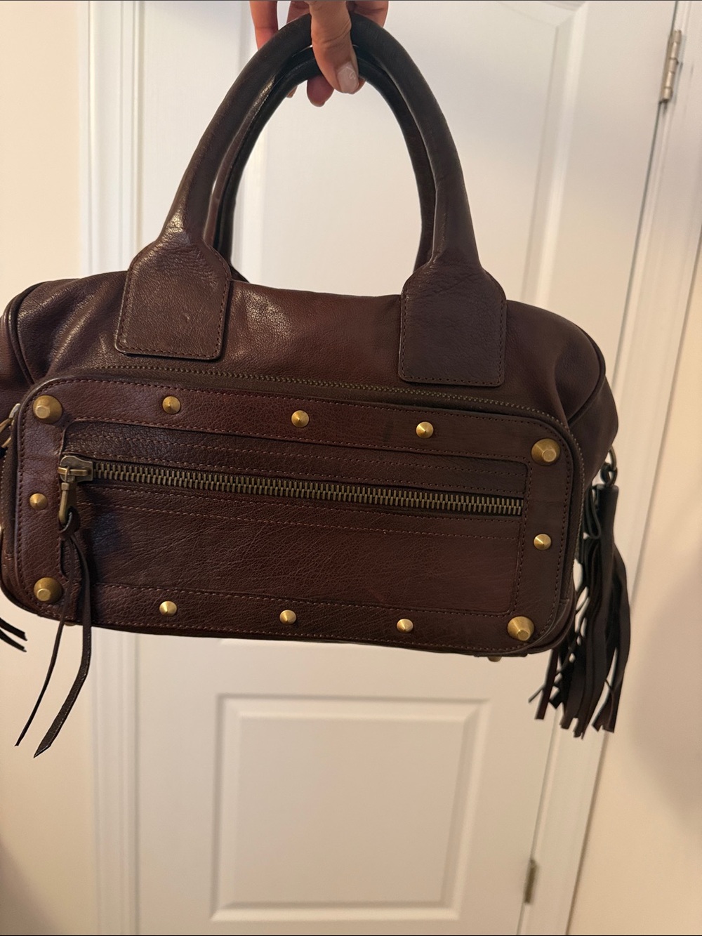 Authentic Chloe Brown Leather Studded Satchel Handbag